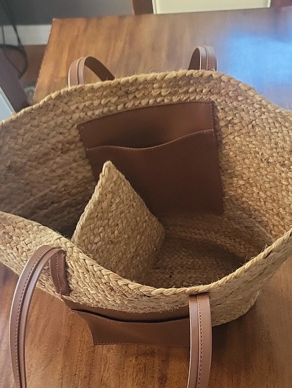 Woven Straw Tote Bag with Brown Trim And Detachable Tote.
